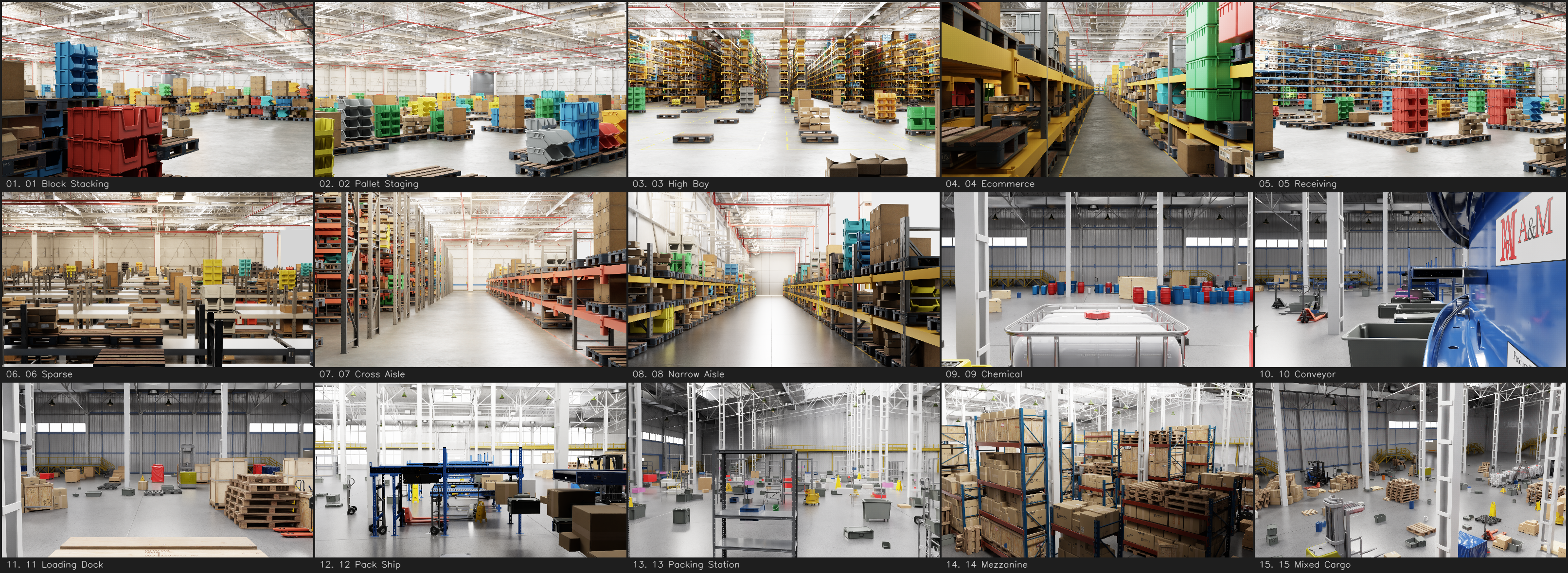 All 15 warehouse environments in the Staer Warehouses v0.1 dataset