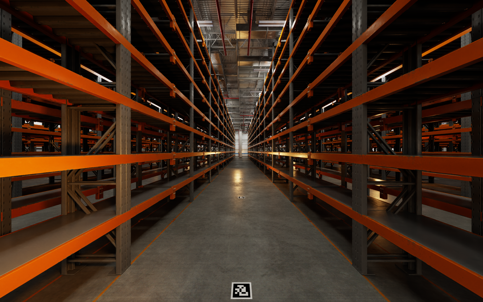 A long warehouse aisle with identical racking on both sides
