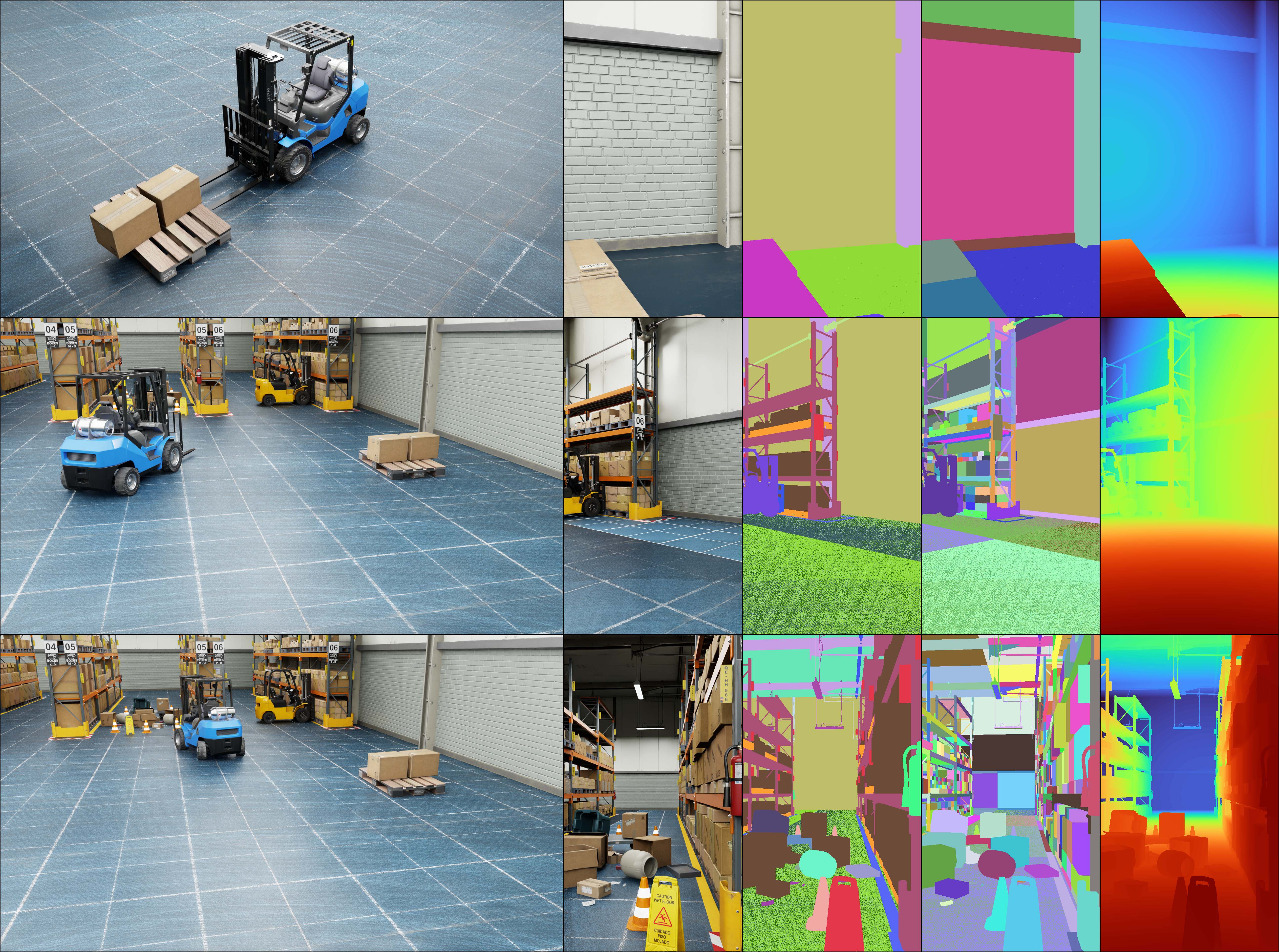 RGB, semantic segmentation, instance segmentation, and depth for three warehouse views