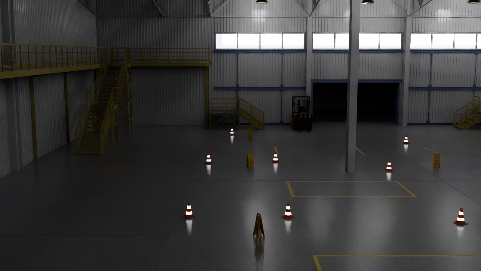 Empty warehouse staging area with mezzanine level