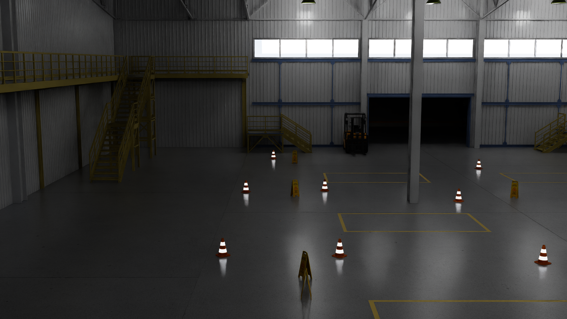 Empty warehouse staging area with mezzanine level
