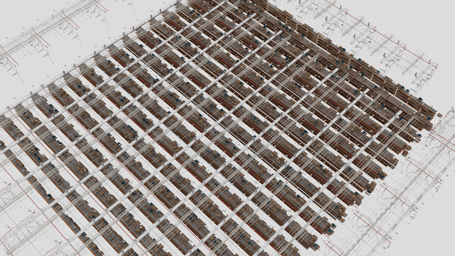 Bird's eye view of a procedurally generated warehouse layout