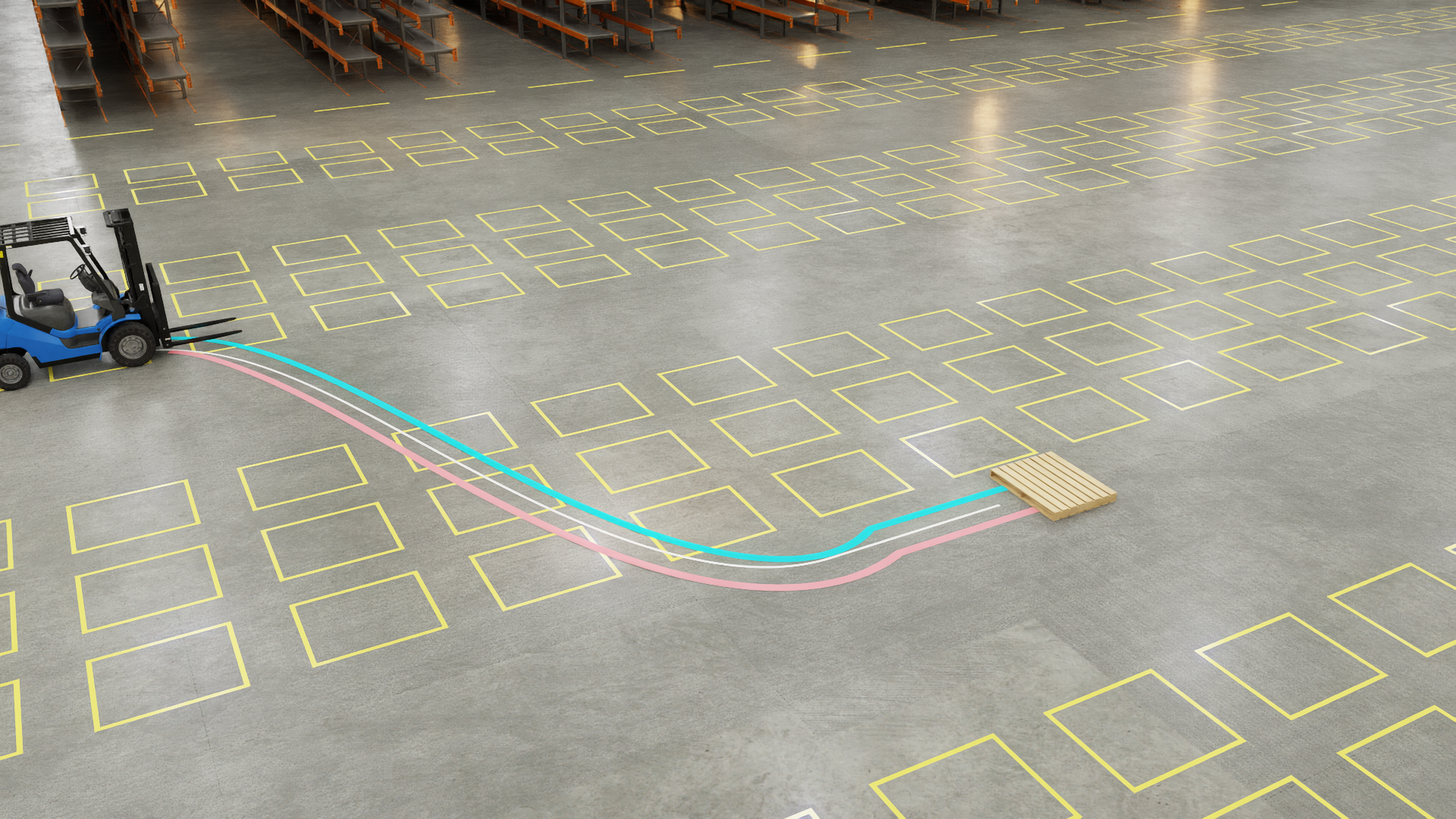 Warehouse floor with forklift and camera trajectory paths